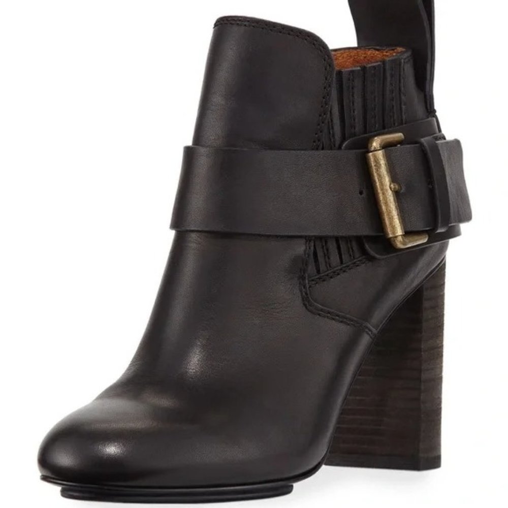 See by Chloe Ankle Boot Cappa Leather Boho Heeled Black Buckle Pull On Sz 6